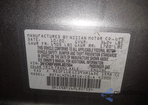 2021 Nissan Versa Sr Xtronic Cvt from USA, damaged, VIN 3N1CN8FV6ML807554